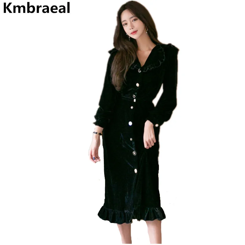 Aliexpress.com : Buy Korean Women Vintage Single breasted Velvet Dress ...