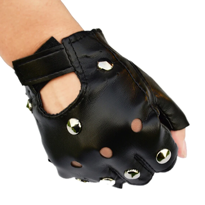 

Silver Rivets Gloves Unisex Half Finger PU Leather Punk Glove Thin Sports Fitness Women Men Halloween Party Black Gloves