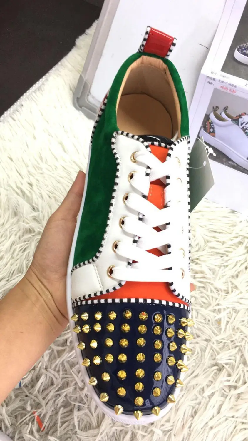 Beertola Mixed Color Men's Casual Flats Shoes Patchwork Spikes Head Lace Up Flock Luxury Brand Men Shoes Leisure Style Men Shoes 4