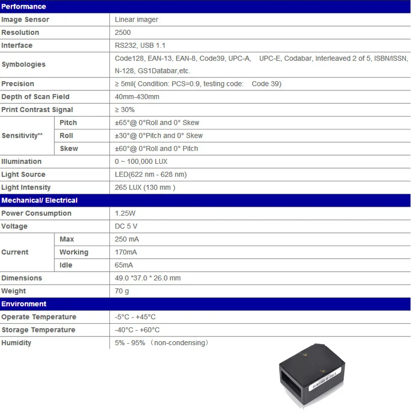 100 шт./лот RS232 IP54 Номинальное фиксированное Крепление 1D CCD сканер штрих кода для