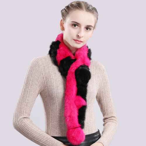 rose black Hot Sale Winter Warm Soft Real Rabbit Fur Scarf Women Knitted Natural Real Rabbit Fur Ring Scarves Real Fur Neckerchief - Color: rose black
