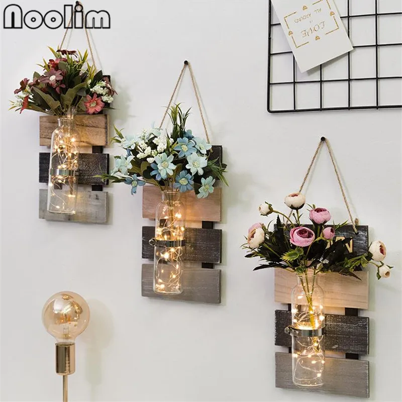 

Creative Hanging Glass+Wooden Base Flower Pot Home Wall Decoration