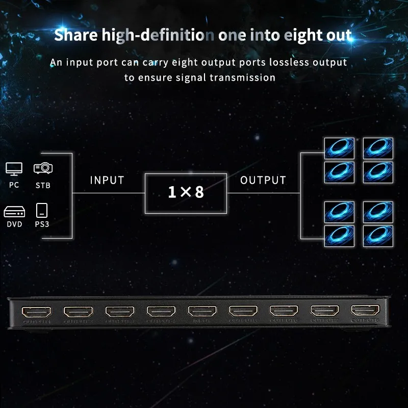  4K*2k 1x8 HDMI 8 Port HDMI Video Splitter Audio Amplifier Repeater 3D 1080p 1 In to 8 Out 1x8 HDMI 