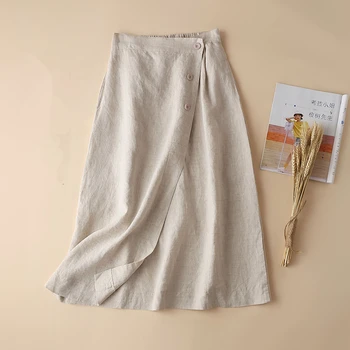 

Vintage Artistic Cotton & Linen Irregular Buttons A-line Midi Skirt
