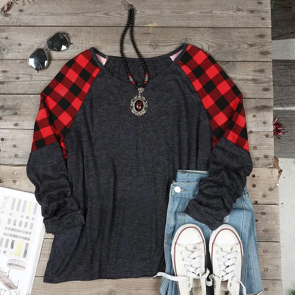 

2018 Fashion T-Shirt Women Plus Size Plaid Splicing O-Neck Baseball T-Shirt Casual Loose Female O-Neck Grey Lady Tops Tee 3XL