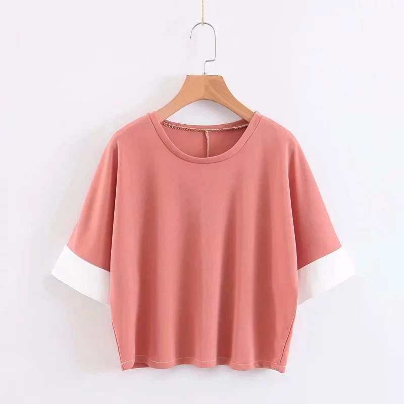 

Contrast Color Splicing Short Sleeve Women Knitting T shirt Female Loose Tops 2019 Summer Leisure Lady O Neck Tee Shirt T1210