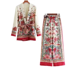 

2 piece set women Suit female retro style flower pattern European-style casual holiday Sandy beach jacket + pants pajamas suit