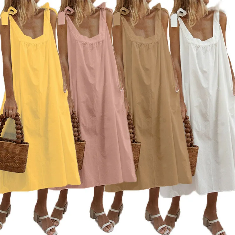 

Bohemia Womens Casual Loose Ladies Summer Beach Midi Dress Holiday Strappy Solid Color Sling Dresses