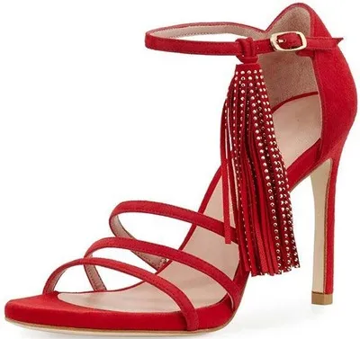 

New Style Women Red Suede Leather Cut Out Sandals Elegant Fringe Embellished Narrow Band Stilettos High Thin Heel Dress Shoes