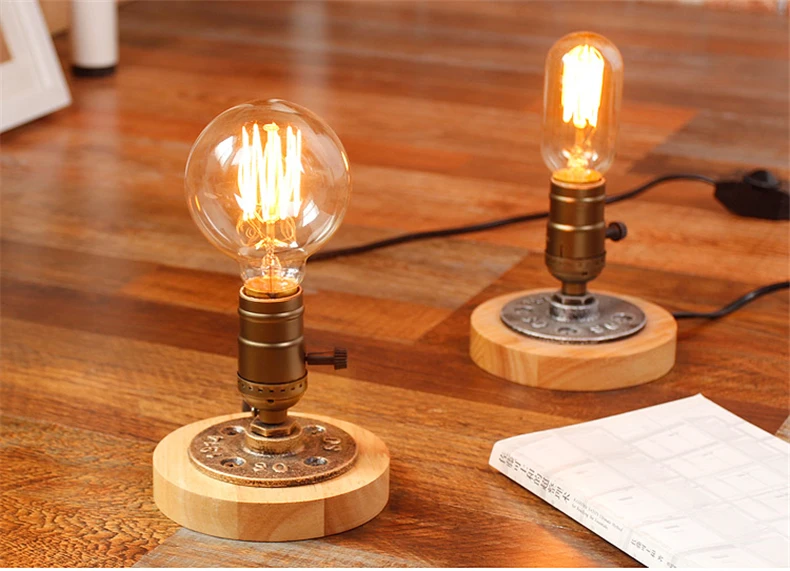 В американском стиле из цельной древесины настольная лампа промышленная Ретро креативная Минималистичная прикроватная лампа для бара или кафе декоративная светодиодная тафлампа