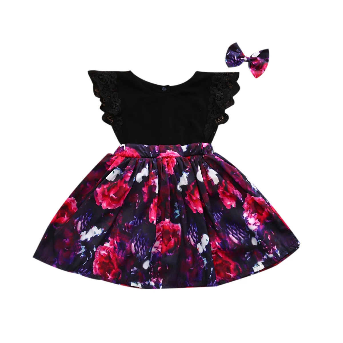 

Newborn Kid Baby Girl Sister Matching Ruffles Sleeve Floral Patchwork Dress+Bow Headband 2pcs Outfits Set C