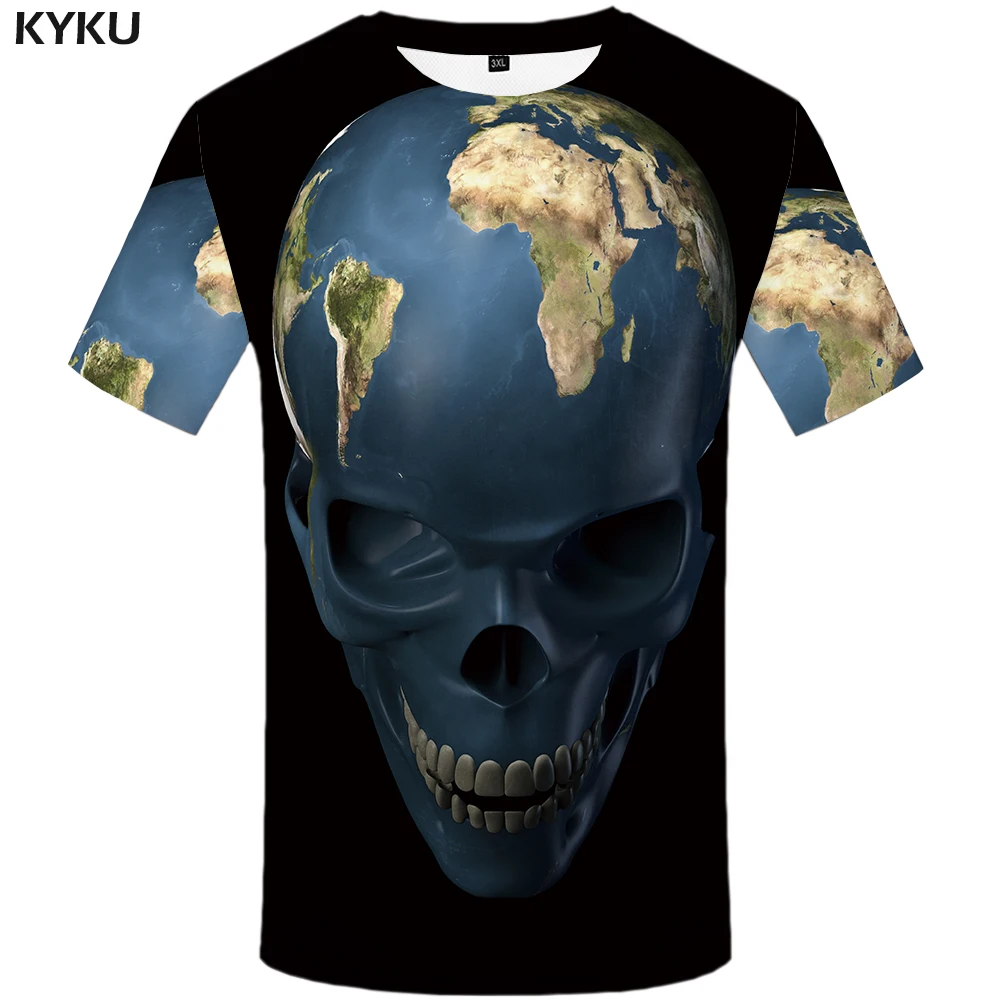 Повседневная мужская футболка KYKU, черная футболка с 3D-принтом черепа и флага Великобритании, в стиле панк-рок, лето