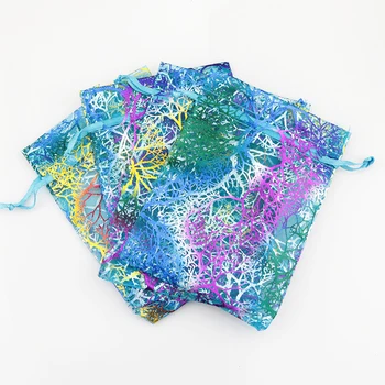 

50pcs/lot 9x12cm Blue Coral Organza Bag Drawable Charms Candy Jewelry Packaging Bag Pouches Cute Small Organza Gift Bags