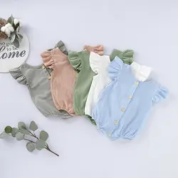 Vêtements d'été pour bébés filles et garçons, body de couleur Pure, volants, mouche, combinaison à manches courtes, hauts, combishort, 2021 