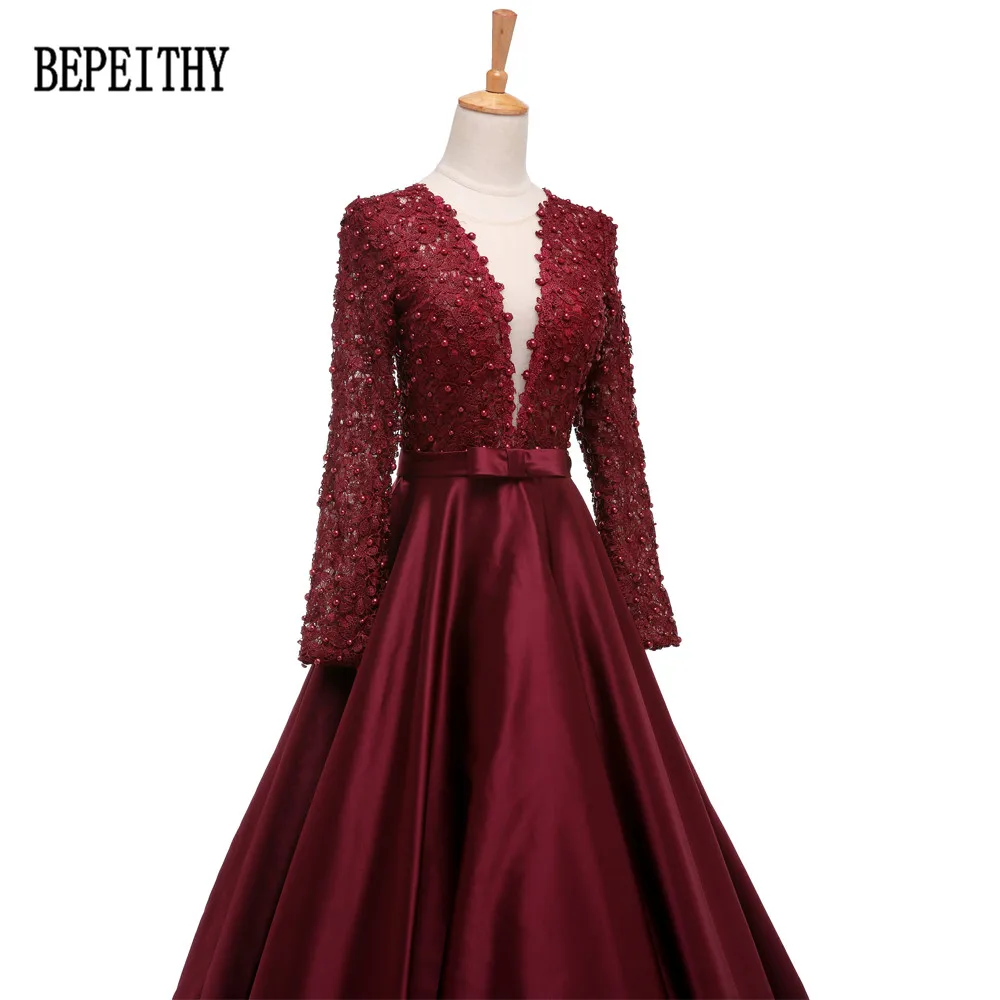 BEPEITHY Robe De Soiree Long Sleeve Burgundy Satin Evening Dress Long Vestido De Festa Longo Elegant Dresses 2019