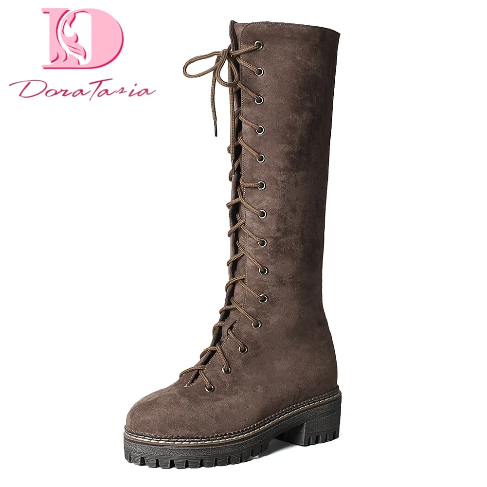 

DoraTasia Plus Size 34-43 retro riding boots Lace Up Shoes Women Boots Solid New Fashion Mid Calf Boots Woman Shoes