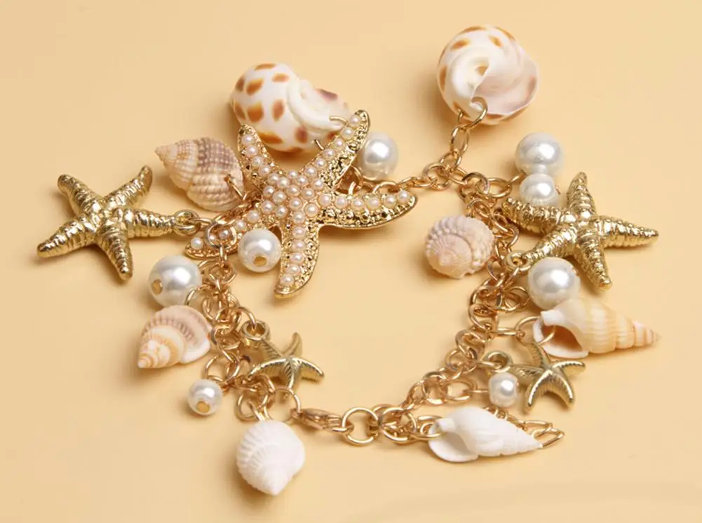 Cool Océan Multi Starfish Sea Star Conch Shell Pearl Chain Beach Bracelet 