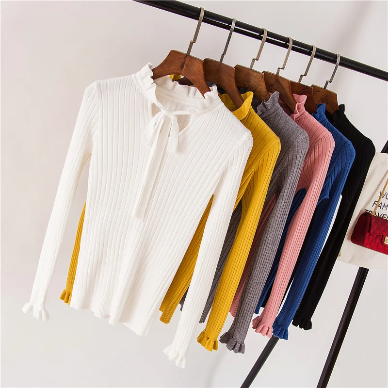 2019 Autumn Winter Knitted Sweater Pullover Pull Femme Cute Warm White Yellow Lace Up Ruffles Turtleneck Women Sweater Jumper