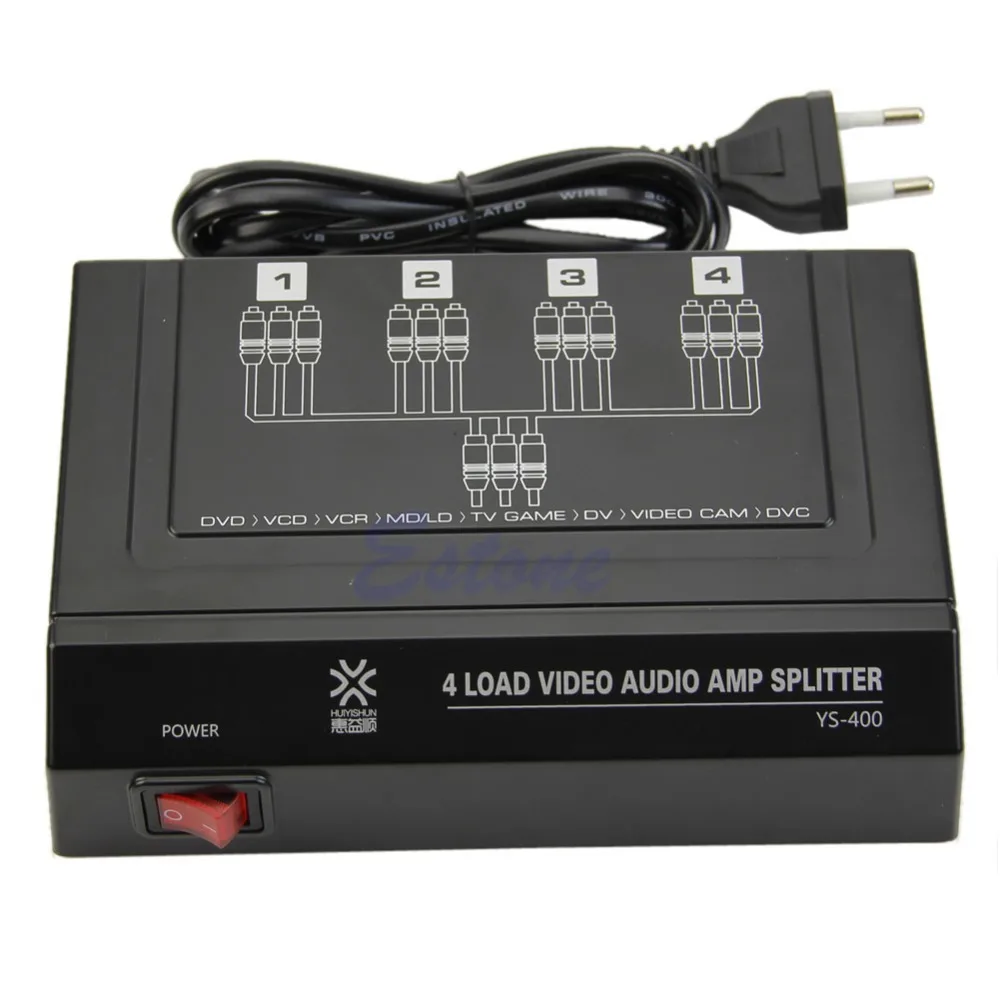 

4 Way 1 In 4 Out 3 RCA Video Audio AMP Amplifier Splitter HDTV DVD VCD 4 Ports