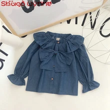 Spring Fashion Children’s Solid Long Sleeve Lapel Collar Big Bow Princess Denim Jeans Blouse Tops Girls Clothes