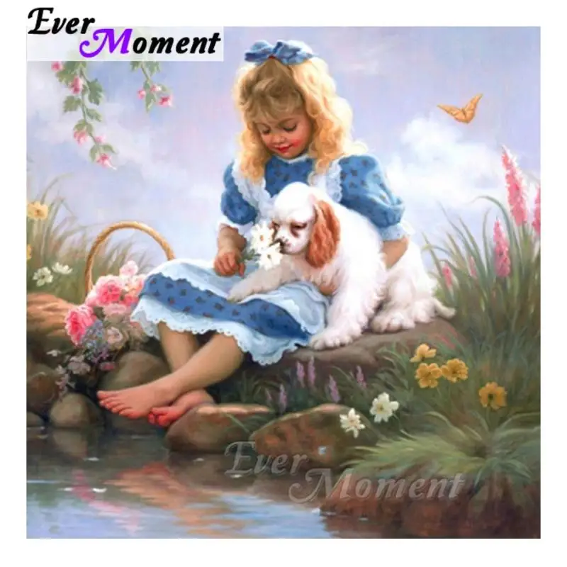 

Ever Moment 5D DIY Diamond Painting Cross Stitch Girl Dog Flower Mosaic Full Square Drills Rhinestone Artwork ASF1179
