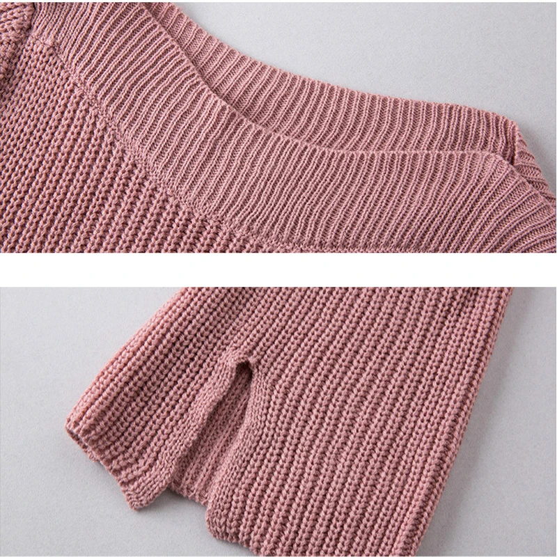 Spring Girl Knitted One Word Collar Trumpet Sleeve Pullover Individual New Large Size Solid Color Women Loose Sweater