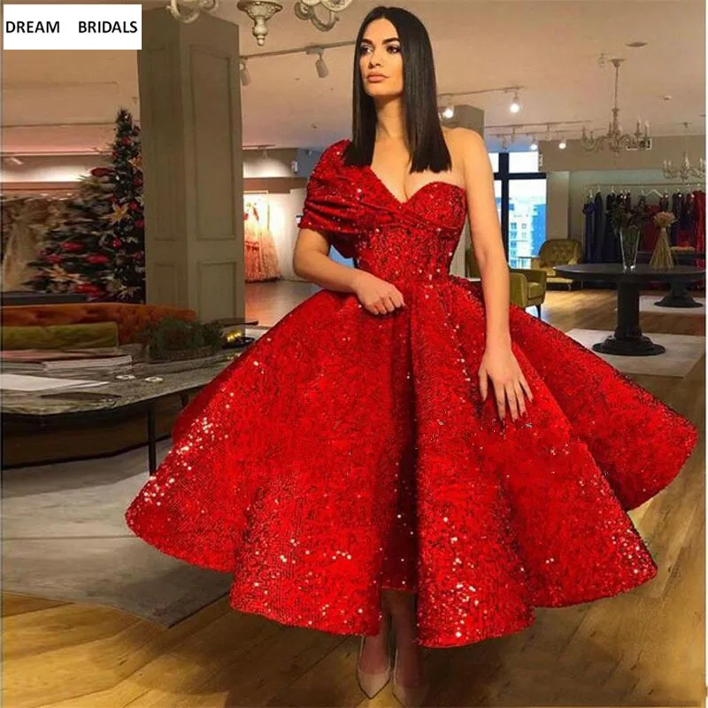 Red Sequined Elie Saab Arabic Formal Evening Dresses Long Abendkleider 2019 One-Shoulder Ruffles Ball Gowns Prom Dresses