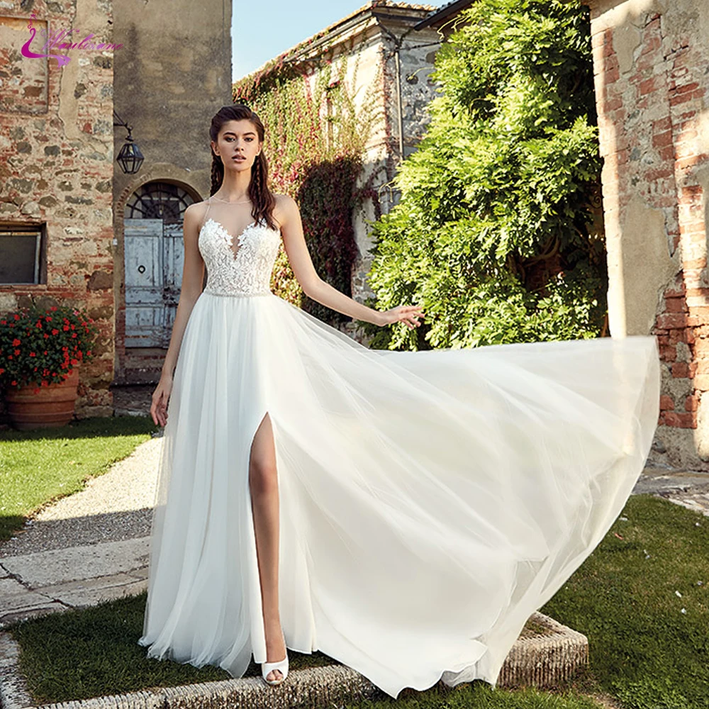 

Waulizane Simple White Puffy Tulle A Line Wedding Dresses Scalloped Neckline Side Zipper Vestidos de novia