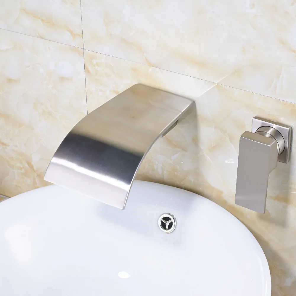 

Contemporary Nickel Brushed Bathroom Sink Faucet One Handle Mixer Tap Wall Mount