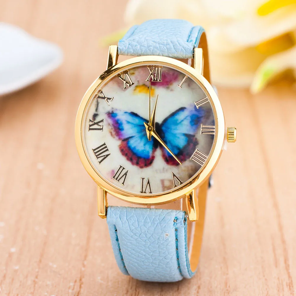 Бабочка Стиль Кожаный ремешок аналоговые кварцевые наручные часы Женская мода дамы дешевые подарок часы женские повседневные часы Relogio Femini
