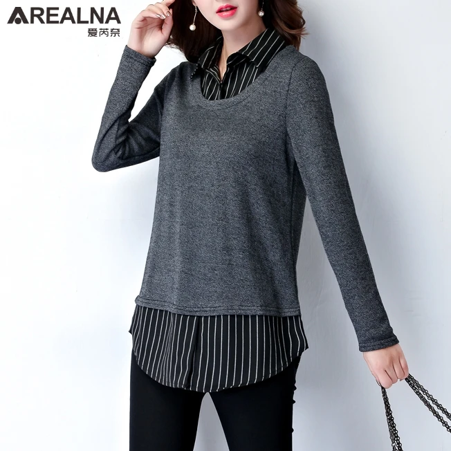 En Ligne Chemise Femme 2018 Automne Kimono Femmes Tops et Blouses Plus La Taille 5XL Faux 2 pièces Rayé Couture femelle Chemise vogue blusas