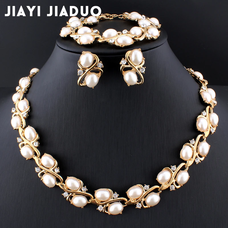 

jiayijiaduo Bridal Jewelry Sets for Women Wedding Accessories Gold Color Imitation Pearl 3PS Necklace Earrings Bracelet Box Gift