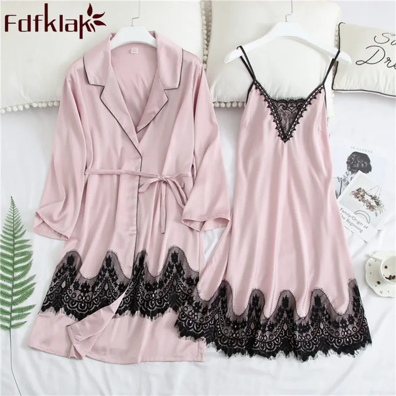 

New 2019 Spring Summer Set Female Pink Night Dress Sleepwear 2Piece Sexy Sleep Lounge Set Women Nightwear Robes Sets Fdfklak