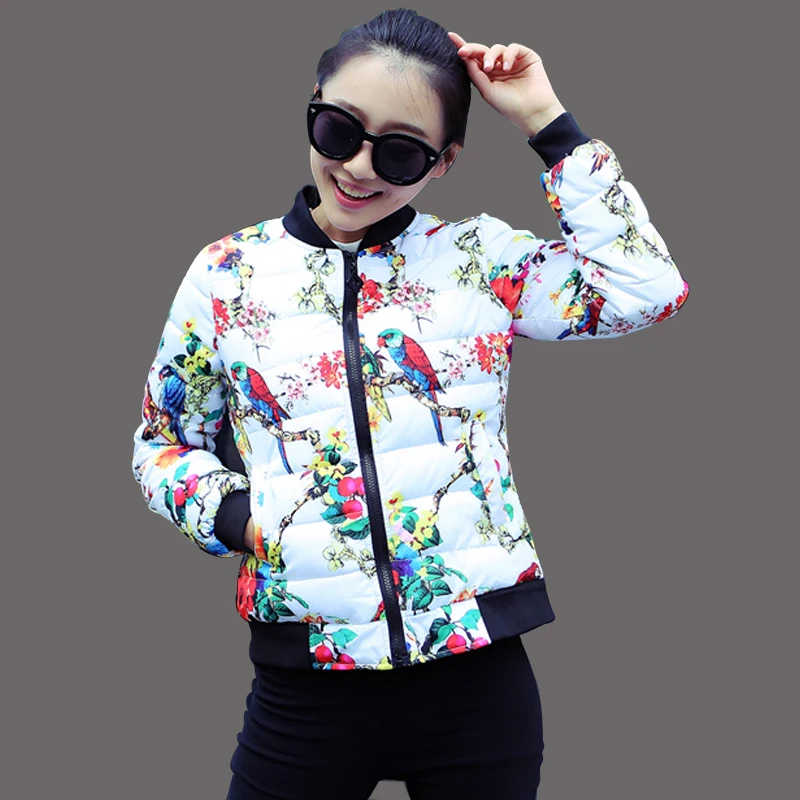 

New Arrived Winter Jacket Women 2015 New Fashion Slim Short Parka For Female Warm Down Cotton Jacket Floral Printing Plus Size