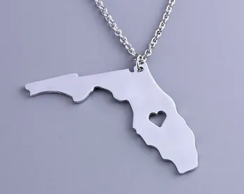 

10PCS- Outline Florida Map Necklace Heart USA FL State Necklace I Heart Love Florida Necklace Geography Map Necklace