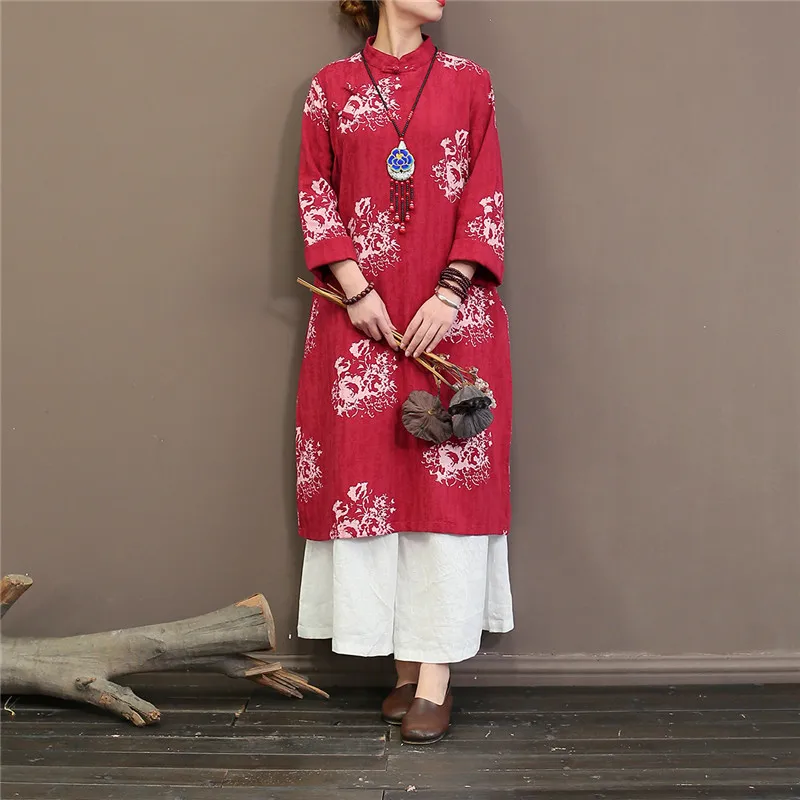 Johnature Мягкое хлопковое платье в китайском стиле со стоячим длинным рукавом женская одежда весеннее женское платье большого размера с цветочным принтом на пуговицах
