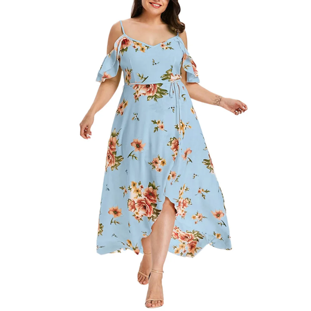 

Plus Size Women Casual Short Sleeve elegant dress Cold Shoulder Boho Flower Print Long Dress sukienka vestidos 44#G7