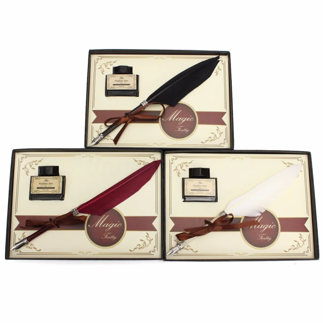 New Feather Quill Metal Nib Brown Dip Pen Writing Ink Set With Box Gift 21 x 0.5cm