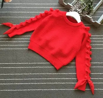 

Girls Sweater Chiffon Ribbons Long Sleeve Fashion Knitted Cotton pullover Children Clothes HB862