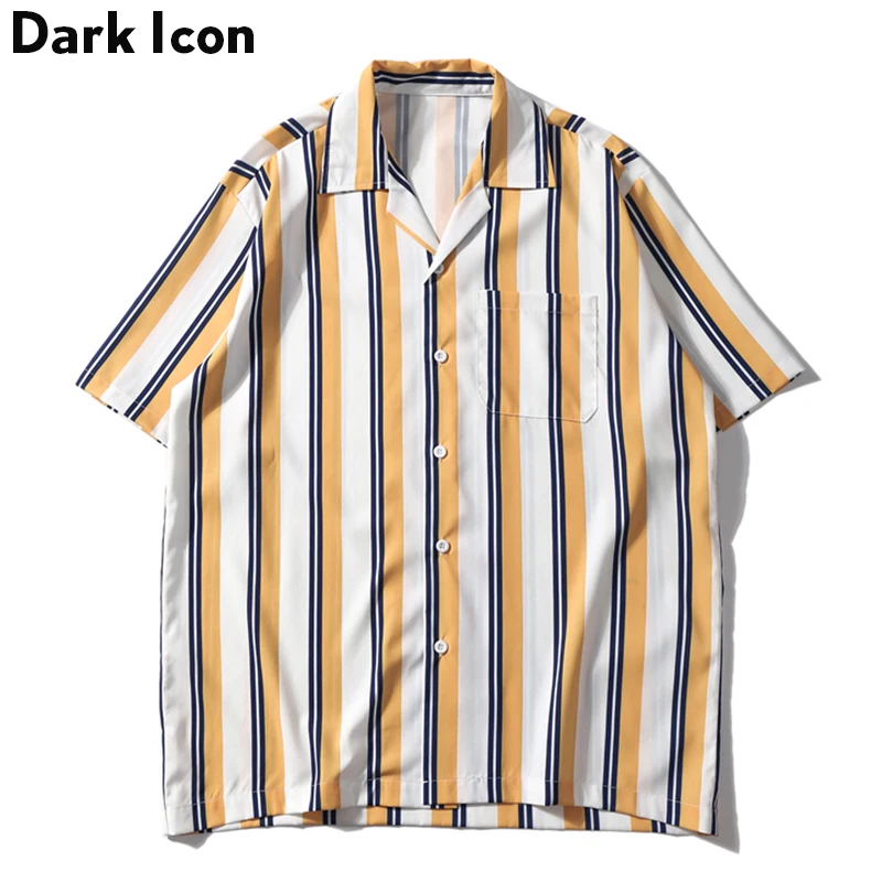 Винтажные мужские рубашки в полоску с передним карманом и темной иконой, Ретро стиль, мужские рубашки,, летние пляжные рубашки для мужчин