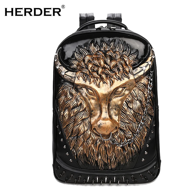 

HERDER Men Women Backpacks 3D Emboss Bull head street Leather Laptop Teenager Back Pack Female Rucksack Mochila Escolar Bag