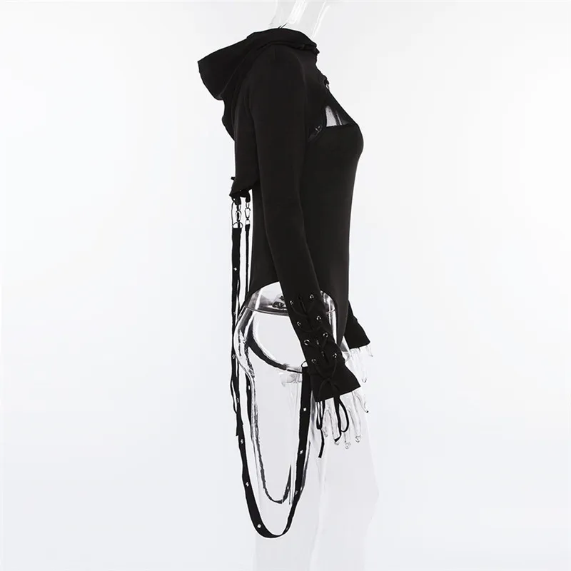  Black Short Hoodies Womens Cross Bandage Metal Hooded Pullover Sweatshirts Pastel Gothic Fashion Go