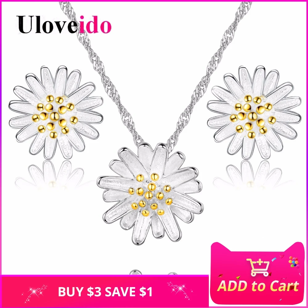 

Uloveido Flower Silver Color Jewelry Sets Necklace Decorations for Women Earrings Yellow Pendant with Chain Party Gifts DML01