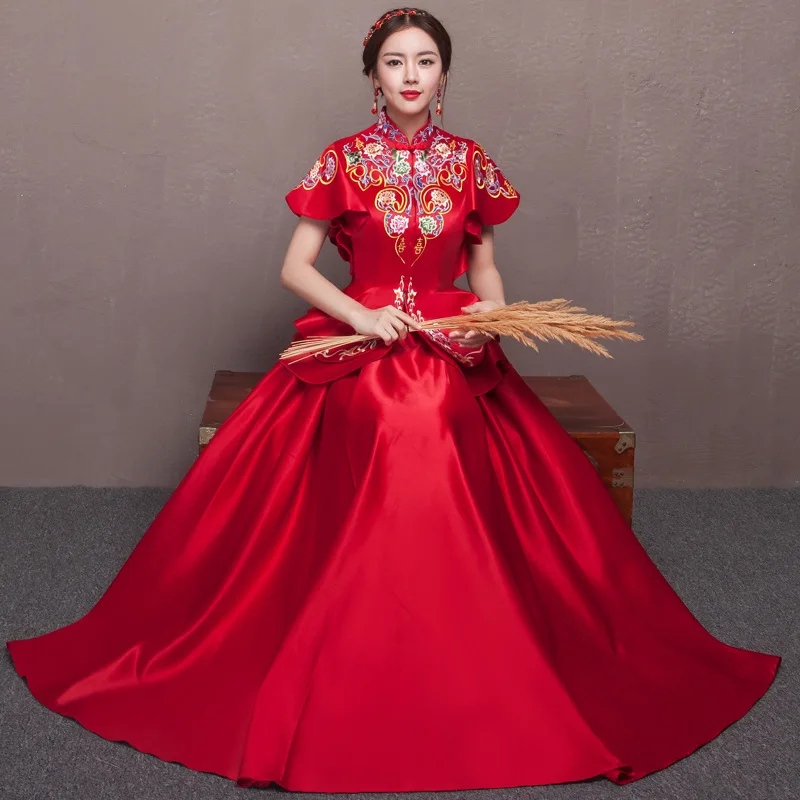 Красный Cheongsam летняя одежда вышивка тост одежда невеста cheongsam торжественное платье для зарубежных китайцев с короткими рукавами платье