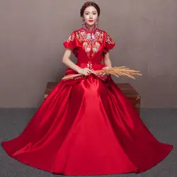 Красный Cheongsam летняя одежда вышивка тост одежда невеста cheongsam торжественное платье для зарубежных китайцев с короткими рукавами платье