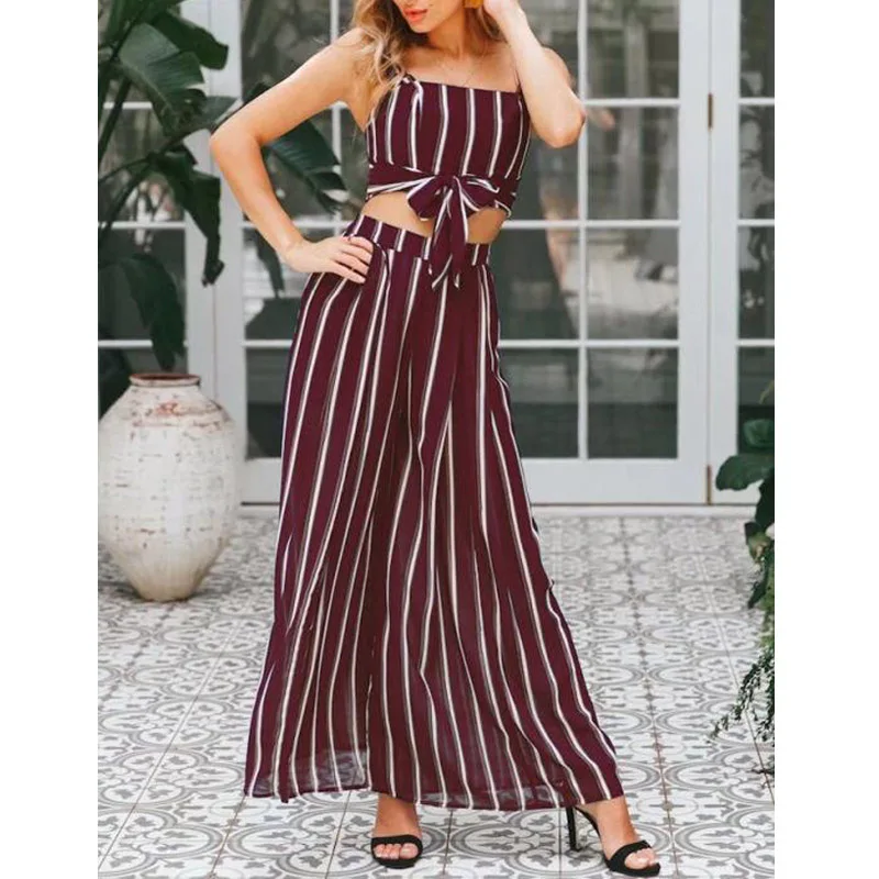 Casual Women 2 Pieces Set Office Lady Stripe Sleeveless Bow Tank Pants Summer Elegant Piece Korean Style | Женская одежда