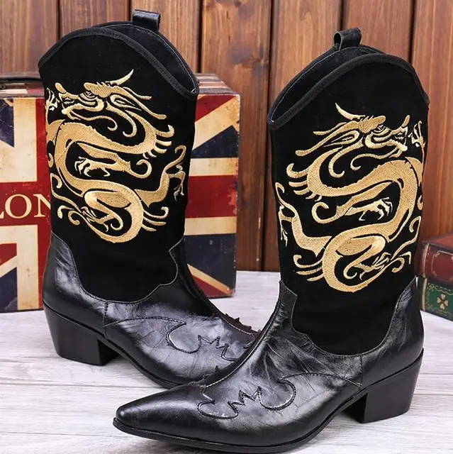 Mens winter footwear cowboy boots mens genuine leather pointy toe punk Mens winter footwear cowboy boots mens genuine leather pointy toe punk
