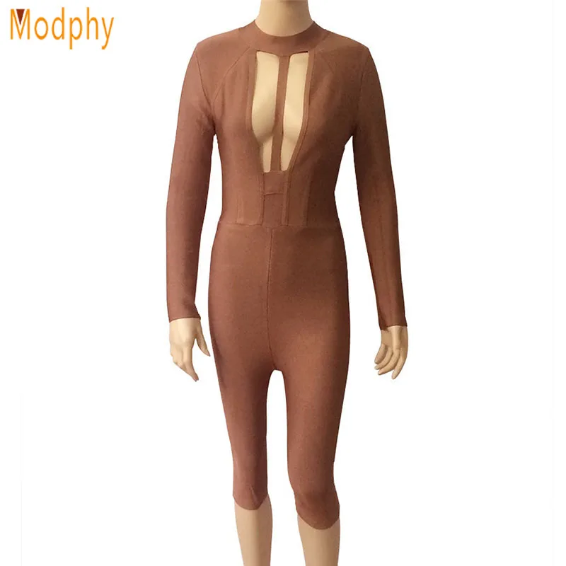 

2018 New Autumn Women Sexy Brown Bandage Bodysuit Long Sleeve Knee Length Pencil Pants Lady Evening Party Jumpsuit HL722