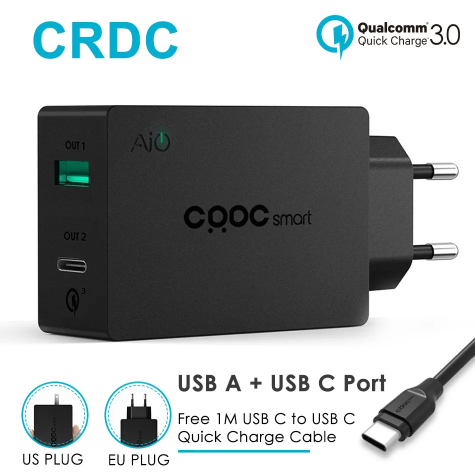 USB C зарядное устройство, CRDC Quick Charge 3,0 5 V/3A 27W type C зарядное устройство для iPhone, Xiaomi, Nexus 6P Nexus 5X, nintendo Switch, Google Pixel XL