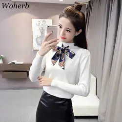 Woherb Корейский зимний свитер для женщин Элегантный Бант шнуровка Вязание пуловеры 2019 дамы базовый джемпер Pull Femme 20451